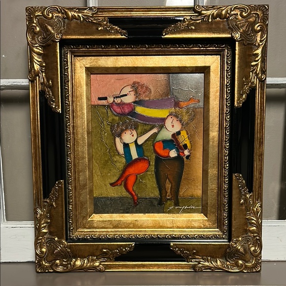 JOYCE ROYBAL Artwork in Ornate Frame Whimsical Musicians Dancer